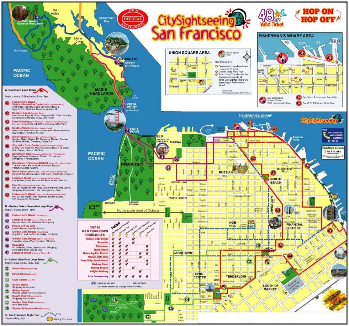San Francisco hop on hop off bus tour mapu