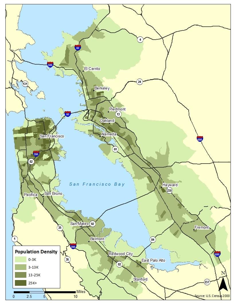 Mapa z bay area hustota obyvateľstva