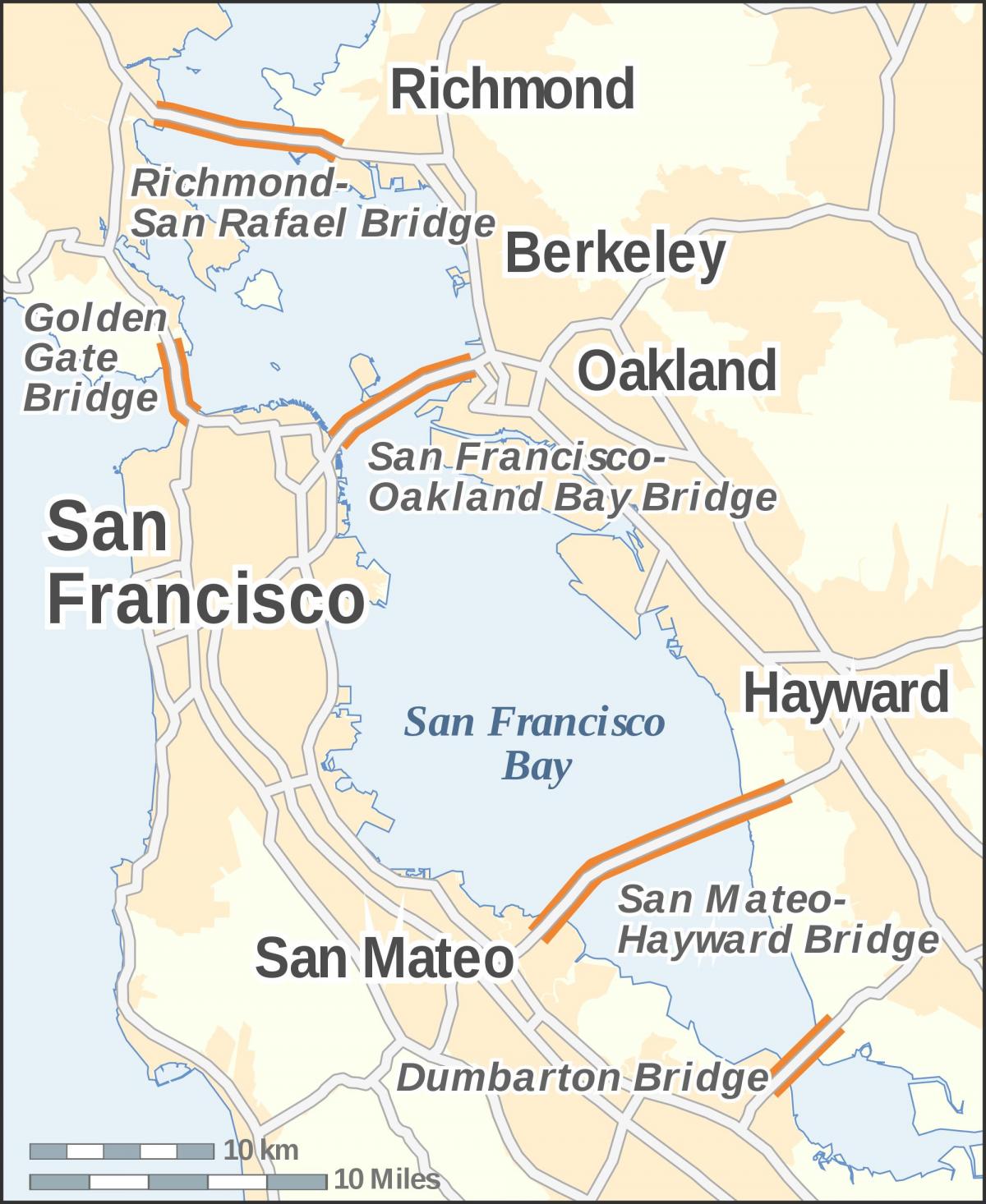 Mapa z bay area mosty