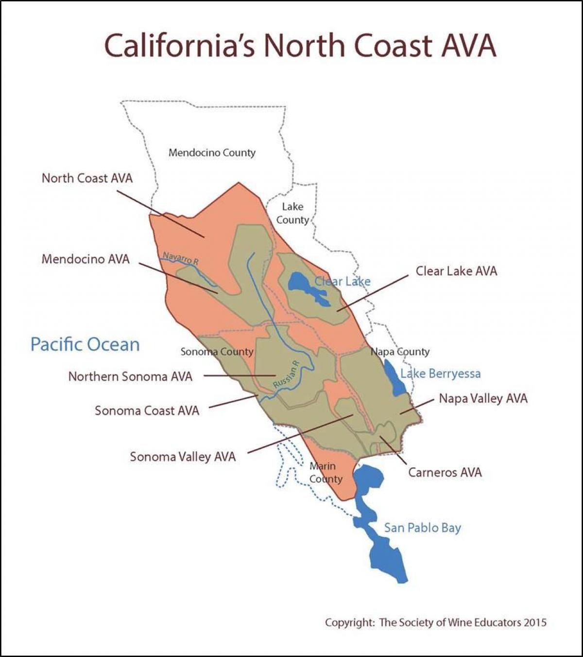 Mapu kalifornie pobreží severne od San Francisca