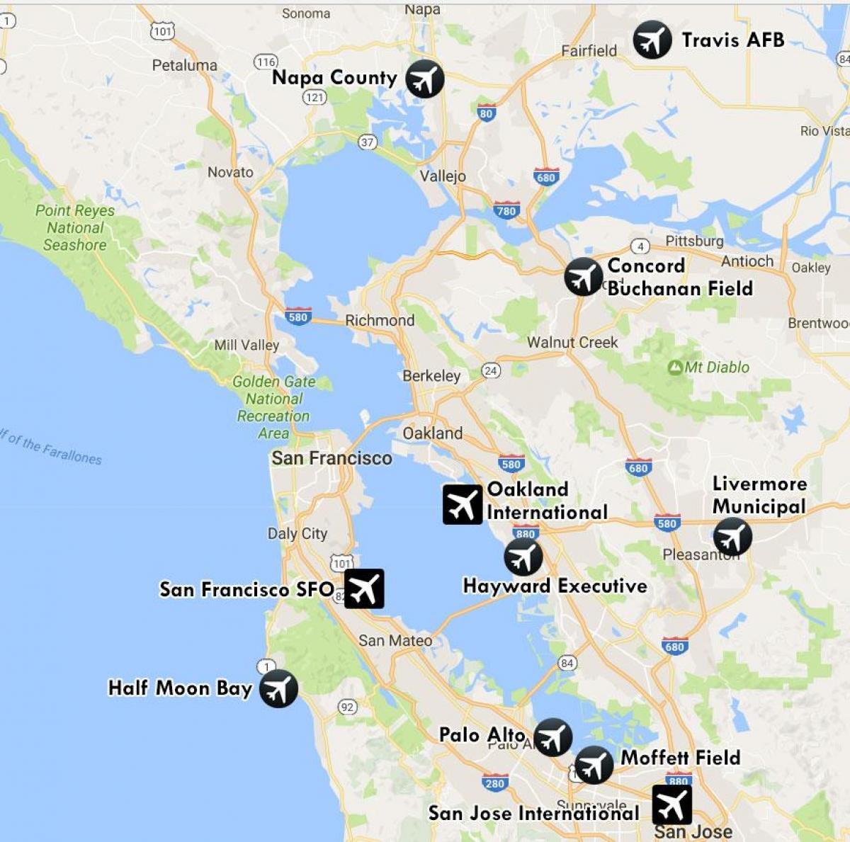 letiská v blízkosti San Francisco mapu