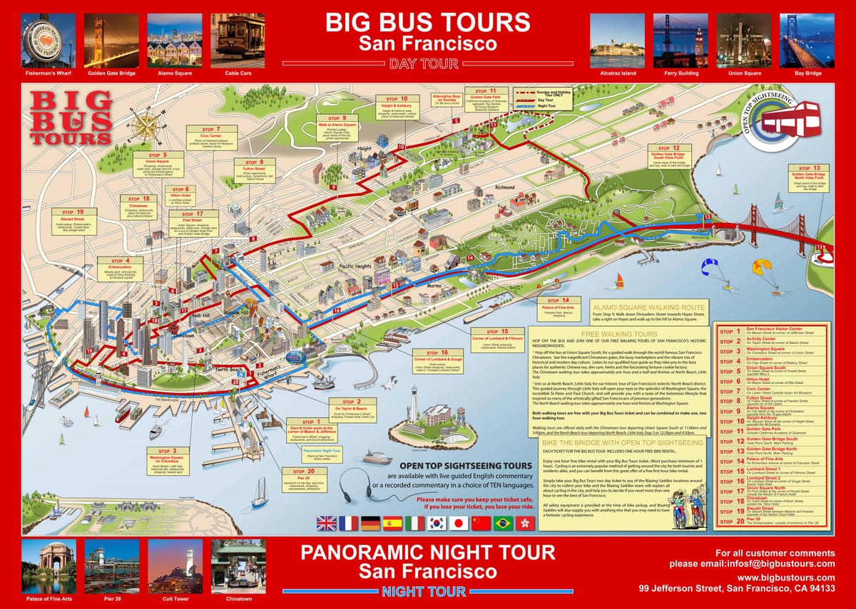 veľký červený autobus San Francisco mapu